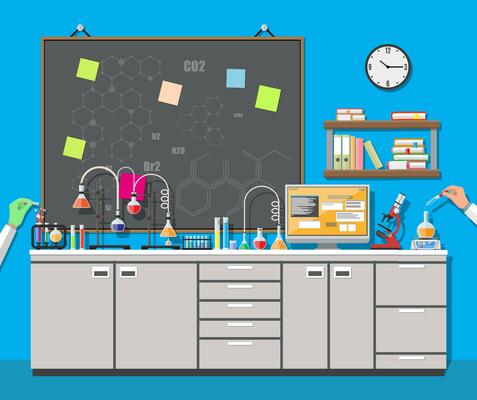 Science Experiment in laboratory. Lboratory equipment, jars, beakers, flasks, microscope, spirit lamp, scales, computer. Biology science education medical vector illustration in flat style