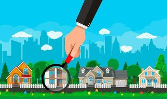 Hand with magnifying glass selects house. Village, flowers, trees, road, sky and clouds. Real estate, sale and rent house. Vector illustration in flat style