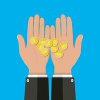 Hands with golden coins. Concept of savings, donation, paying. vector illustration in flat style on green background