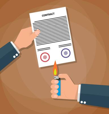 Hand holding burning lighter under a contract. Contract termination concept. vector illustration in flat design on brown background