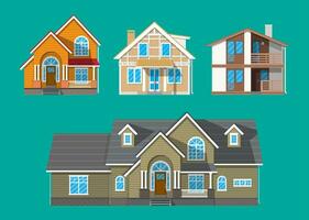 Suburban family house set. countrysdie wooden and brick house icon. vector illustration in flat style