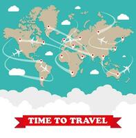 World map with routes airplane, clouds with sign on green background. vector illustration in flat design. travel concept