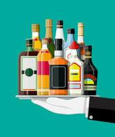 Alcohol drinks collection in tray of waiter. Bottles with vodka champagne wine whiskey beer brandy tequila cognac liquor vermouth gin rum absinthe sambuca cider bourbon. Vector illustration flat style