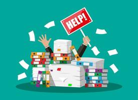 Stressed cartoon businessman in pile of office papers and documents with help sign. Stress at work. Overworked. File folders. Carton boxes. Bureaucracy, paperwork. Vector illustration in flat style