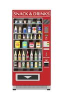 Automatic vending machine with food and drinks. Bottles and cans with drinks, chips, chocolate and other snacks. Vector illustration in flat style