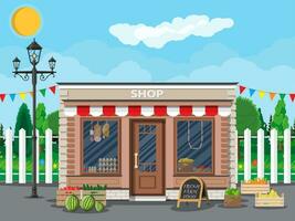 Daily products shop. Local fruit and vegetables store building. Groceries crates in front of storefront. Fair, trees, grass, clouds, sun. Vector illustration in flat style