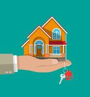 Hand with small house and keys, Buying or selling a house, real estate. vector illustration in flat style