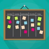 Scrum task board hanging on wall full of tasks on sticky note cards. Development, team work, agenda, to do list. vector illustration in flat style on green background with long shadow