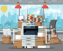 Pile of paper documents and file folders on office table. Big printer. Carton boxes. Bureaucracy, paperwork, office relocation. Chair, desk, lamp. Cityscape. Vector illustration in flat style