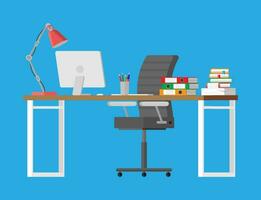 Office desk with computer, chair, lamp, books and document papers. Modern business workplace. Vector illustration in flat style