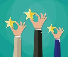 cartoon hands hold a gold stars, star rating. voting, user review, feedback concept. vector illustration in flat design on green background