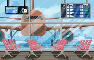 Waiting hall, departure lounge in passanger terminal of airport. Plane before takeoff. Airport control tower, terminal building. Cityscape. Sky with clouds and sun. Vector illustration in flat style