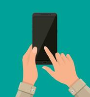 Hand touching screen of black smartphone at green backgound. Empty screen. Vector illustration in flat design.