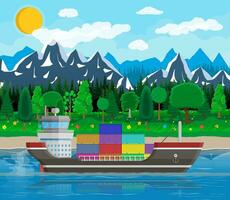River ocean and sea freight shipping by water. Landscape with river, mountains and forest. Background with blue sky and clouds. Sea port logistics and delivery. Vector illustration in flat style