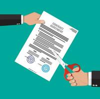 Businessman hand with scissors cutting contract document. Contract termination concept. Vector illustration in flat style