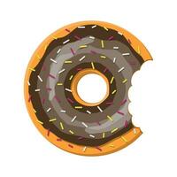 Chocolate donut cake isolated on white background with bite. Doughnut into glaze collection. Sweet sugar icing. Vector illustration in flat style