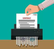 Hand putting contract paper in shredder machine. Torn to shreds document. Contract termination concept. Vector illustration in flat design