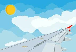 View of wing of aircraft in sky. Air journey or vacation concept. Sky with clouds and sun. Vector illustration in flat style