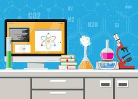 Laboratory equipment, jars, beakers, flasks, scales, microscope and pile of books. Computer with software. Biology science education medical. Vector illustration in flat style