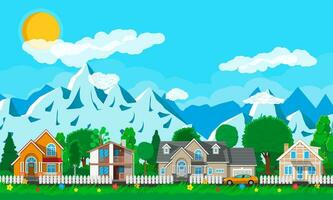 Private suburban houses with car, trees, road, mountains, sun, sky and clouds. Village. Vector illustration in flat style