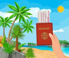 Passport and airplane ticket in hand. Landscape of palm tree on beach. Sun with reflection in water and clouds. Day in tropical place. Vacation and holidays. Vector illustration in flat style