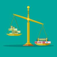 Gold Justice scales with dollar cash, coins and law, order books. making decision beetwin money and law. vector illustration in flat style on green background