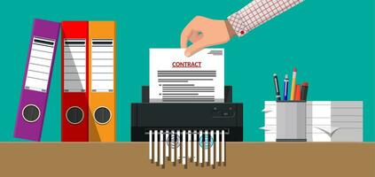 Hand putting contract paper in shredder machine. Torn to shreds document. Contract termination concept. Table with paper sheets, pen, ring binder. Vector illustration in flat design