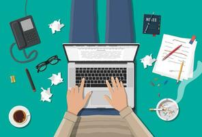 Freelance writer or journalist workplace. Laptop pc, draft, mouse. Paper sheets with text, pen, pencil. Ashtray, cigarette, coffee cup. Eyeglasses phone Vector illustration in flat style