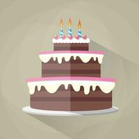 Chocolate birthday cake icon with long shadow. Candles with fire and cherry at top. vector illustration in flat design on brown background