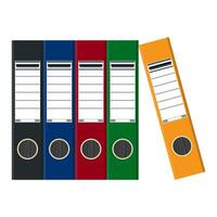 Files, ring binders, colorful office folders. Side view. Vector flat illustration in flat style