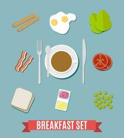 Breakfast set. including sausages, fried eggs, becon, tomato, pea, salad, toasts bread, jam and butter, coffee cup fork spoon and knife. vector illustration in flat design on blue background