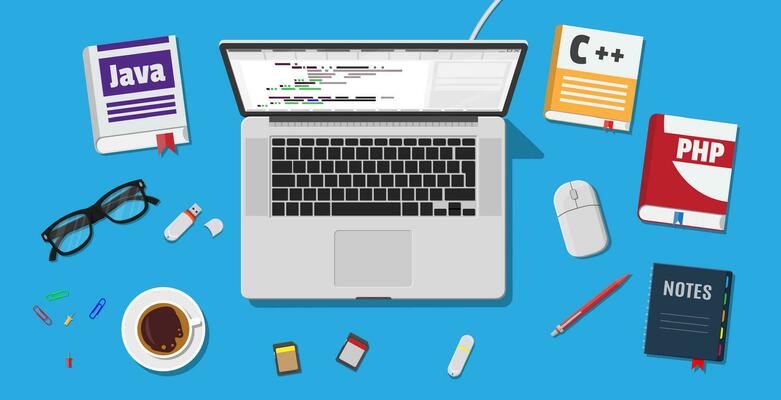 Workplace of programmer or coder. Desktop pc, laptop, books, coffee, glasses. Software coding, programming languages, testing, debugging, web site, search engine seo Vector illustration in flat style