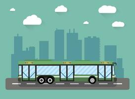 Green city bus in front of city silhouette and sky with clouds, vector illustration in flat design