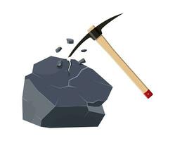 Wooden pickaxe with iron tip nd rock. Miners hand tool for extracting minerals. Vector illustration in flat style