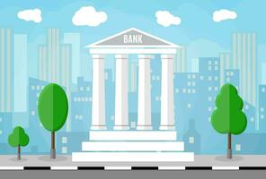 Bank building with trees and city skylines behind. vector illustration in flat style