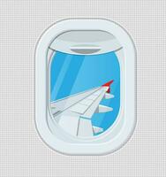 Window from inside the airplane. Aircraft porthole shutter and wing. Air journey or vacation concept. Vector illustration in flat style