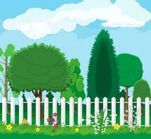 Summer nature landscape with forest and fence. Vector illustration in flat style