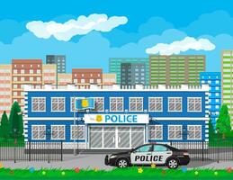 City police station biulding, car, tree, cityscape, flowers. Security cameras, flag with police symbol. Law, protection. Vector illustration in flat style