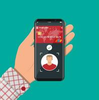 Smartphone with payment app using face recognition and identification in hand. Biometric identification face id. Wireless contactless or cashless payments, rfid nfc. Vector illustartion flat style