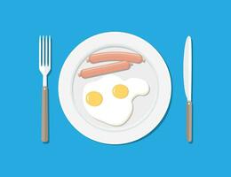 Breakfast concept. Plate, fork and knife. Eggs and sausages. Vector illustration in flat style