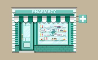 moderno exterior farmacia o farmacia. medicina pastillas cápsulas botellas vitaminas y tabletas vector ilustración en plano estilo