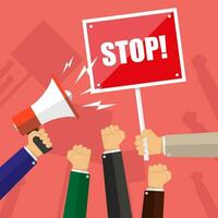 Cartoon hands of demonstrants and hand with Megaphone and stop sign, protest concept, revolution, conflict, vector illustration in flat design on red background