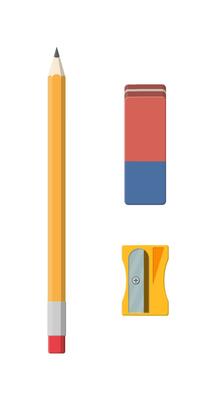 Black pencil, sharpener and eraser. Stationery set. Office supply. Vector illustration, flat style pencil