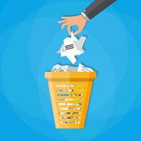 Cartoon businessman hand put paper in office trash recycle bin for garbage. Bin for papers. Vector illustration in flat design on blue background