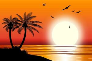 Silhouette of palm tree on beach. Sun with reflection in water and seagulls. Sunset in tropical place. Vector illustration