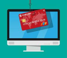 Bank card and fishing hook. Internet phishing, hacked login and password. Computer netwrok and internet security concept. Anti virus, spyware, malware. Vector illustration in flat style