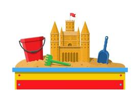 de madera para niños salvadera para juegos. salvadera con asientos. arena castillo hecho a mano escultura. el plastico Cubeta con rastrillo, pala. niños patio de juegos. vector ilustración en plano estilo