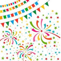 Color pennant bunting collection triangular and square red, yellow, blue, green, orange colors on white background with color firework around, vector iilustration. for web design. greeting card, party