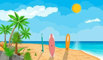 Landscape of palm tree on beach. Sun with reflection in water and clouds. Modern surfboard. Day in tropical place. Vector illustration in flat style