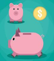 pink piggy bank and gold coin, front and side views. vector illustration in flat design on green background